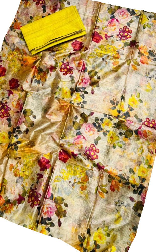 Multicolor Digital Printed Tussar Silk Two Piece Unstitched Suit Set - Luxurion World