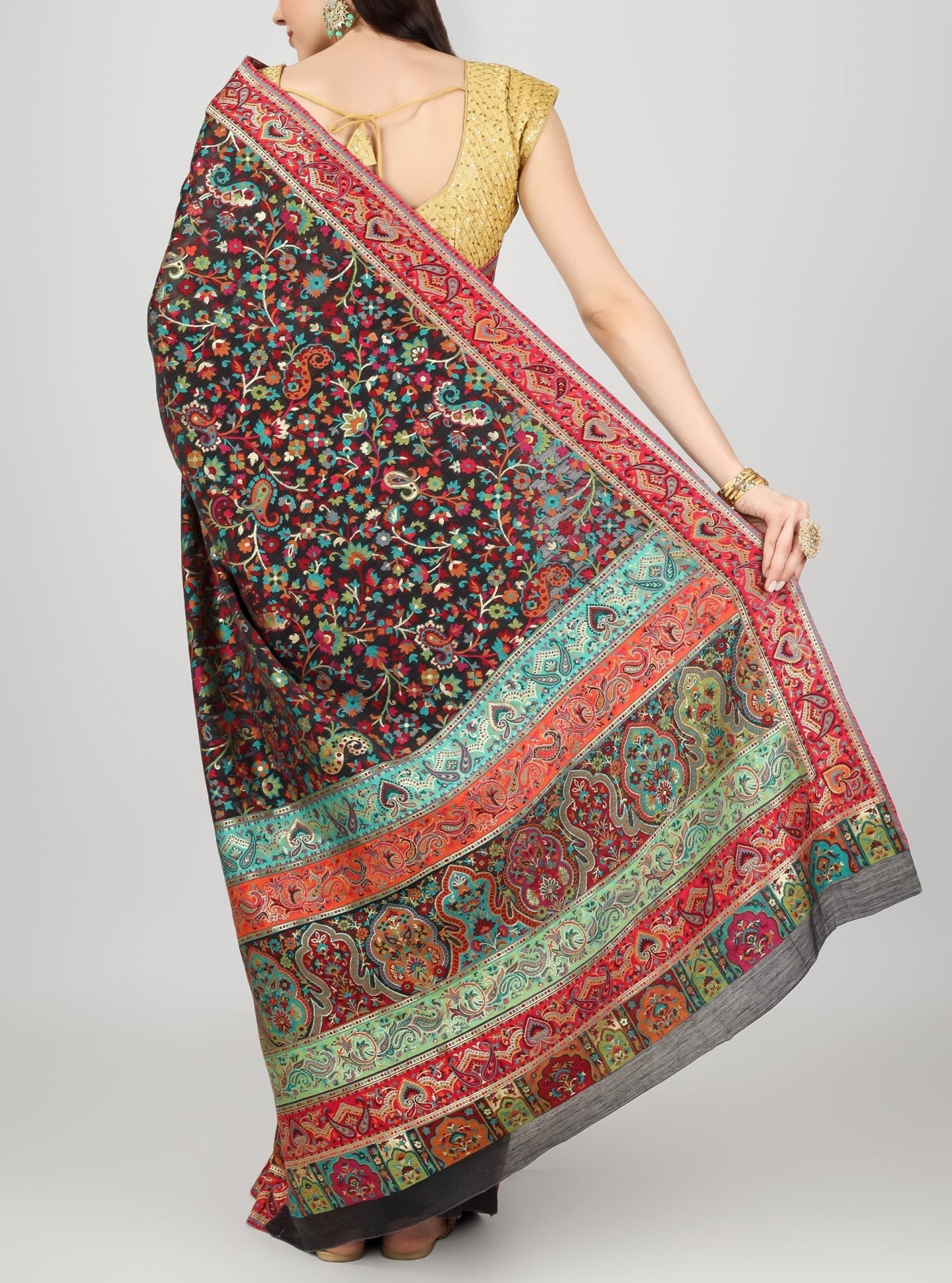 Multicolor Embroidered Kashmiri Kani Work Pure Silk Saree - Luxurion World