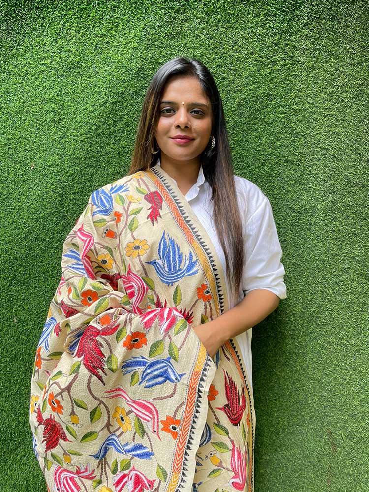Multicolor Hand Embroidered Kantha Tussar Silk Bird And Floral Design Dupatta - Luxurion World