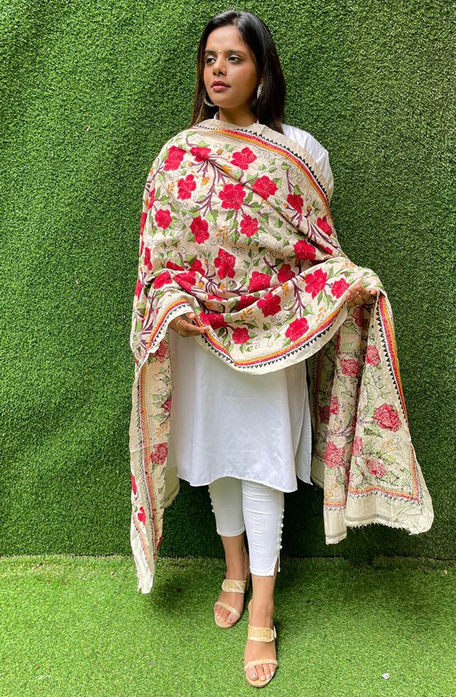 Multicolor Hand Embroidered Kantha Tussar Silk Floral Design Dupatta - Luxurion World