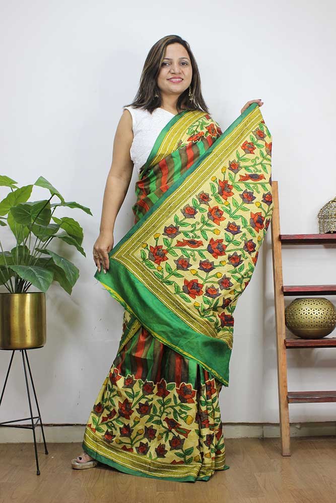 Multicolor Hand Painted Bangalore Silk Saree With Kantha Work - Luxurion World