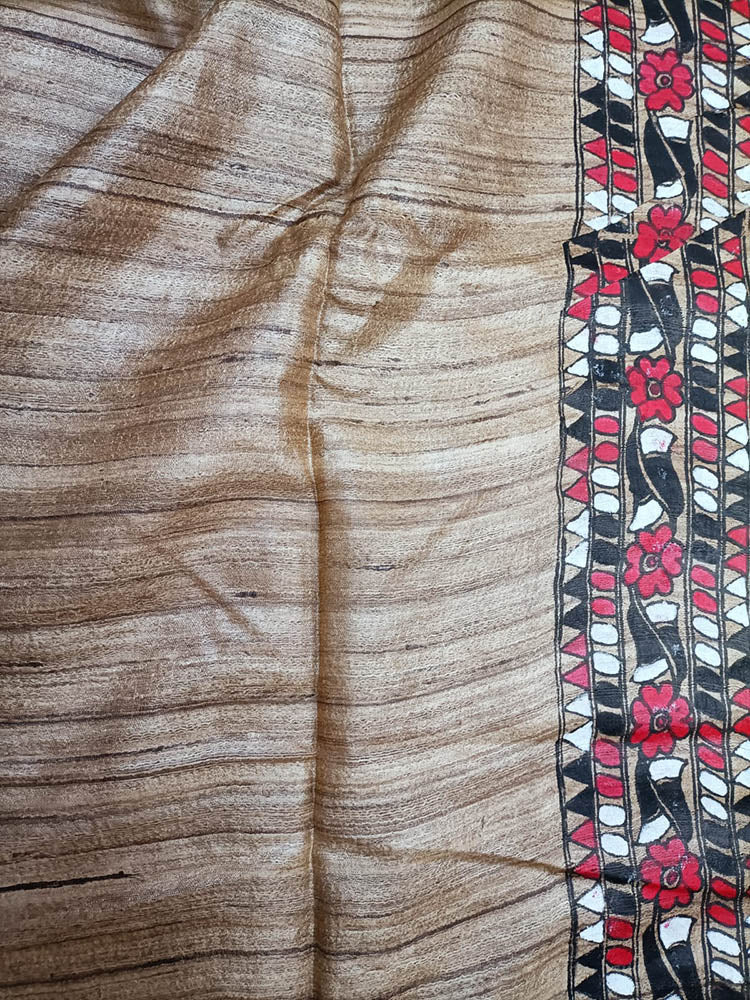 Multicolor Hand Painted Madhubani Tussar Ghicha Silk Saree - Luxurion World