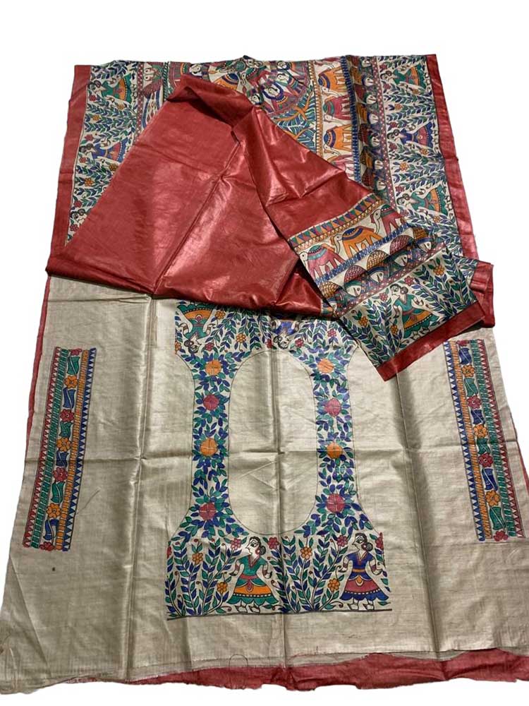 Multicolor Hand Painted Madhubani Tussar Silk Saree - Luxurion World