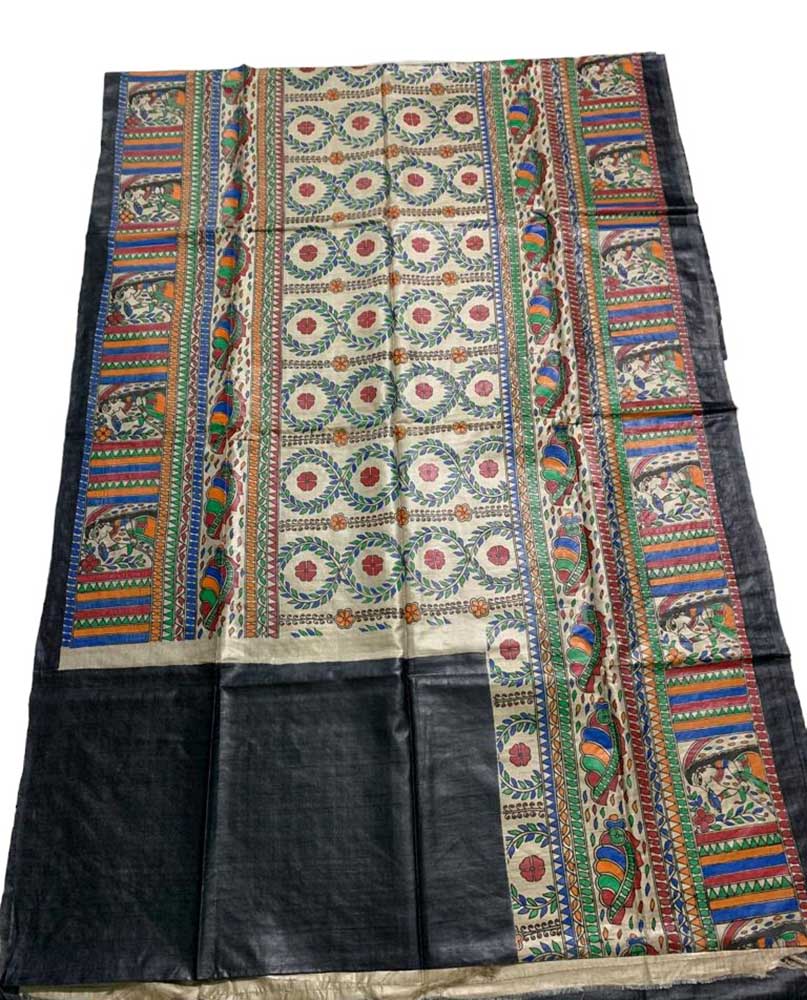 Multicolor Hand Painted Madhubani Tussar Silk Saree - Luxurion World