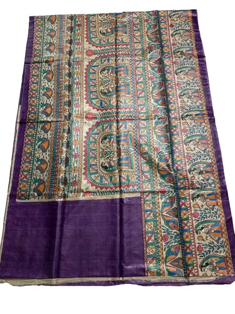 Multicolor Hand Painted Madhubani Tussar Silk Saree - Luxurion World