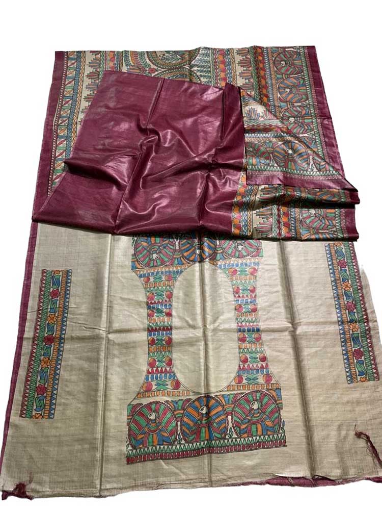 Multicolor Hand Painted Madhubani Tussar Silk Saree - Luxurion World