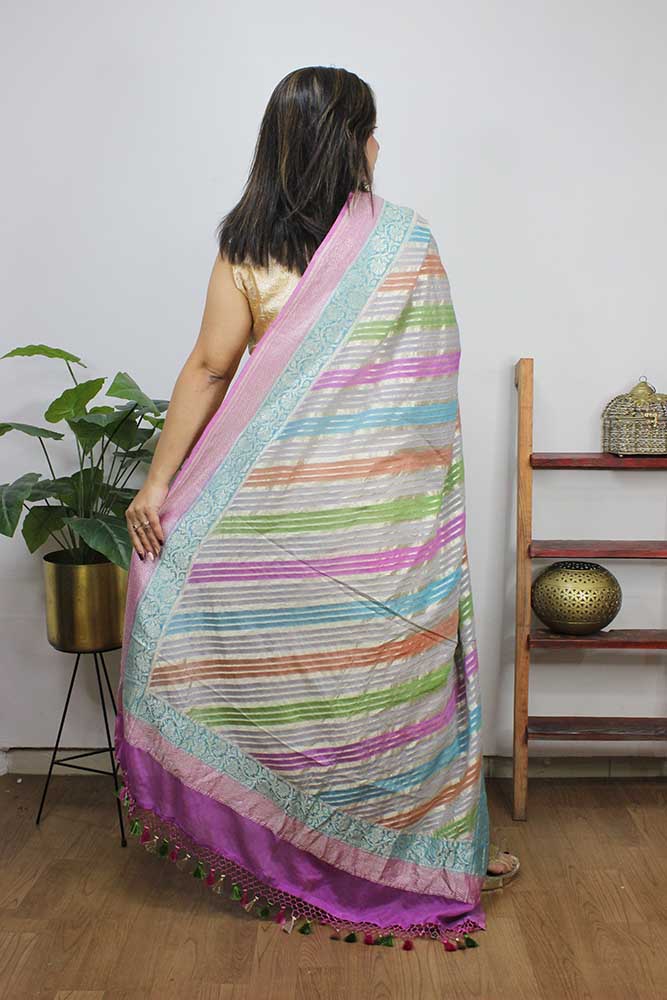Multicolor Handloom Banarasi Pure Georgette Brush Dye Dupatta - Luxurion World