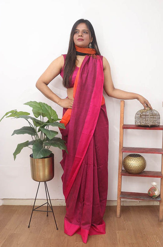 Pink Handloom with Ganga Jamuna Border Cotton Saree - Luxurion World