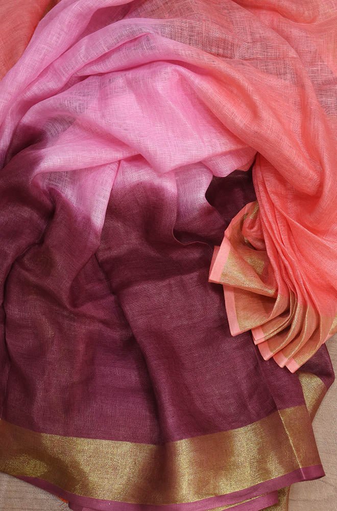 Multicolor Handloom Pure Linen Shaded Dye Saree - Luxurion World