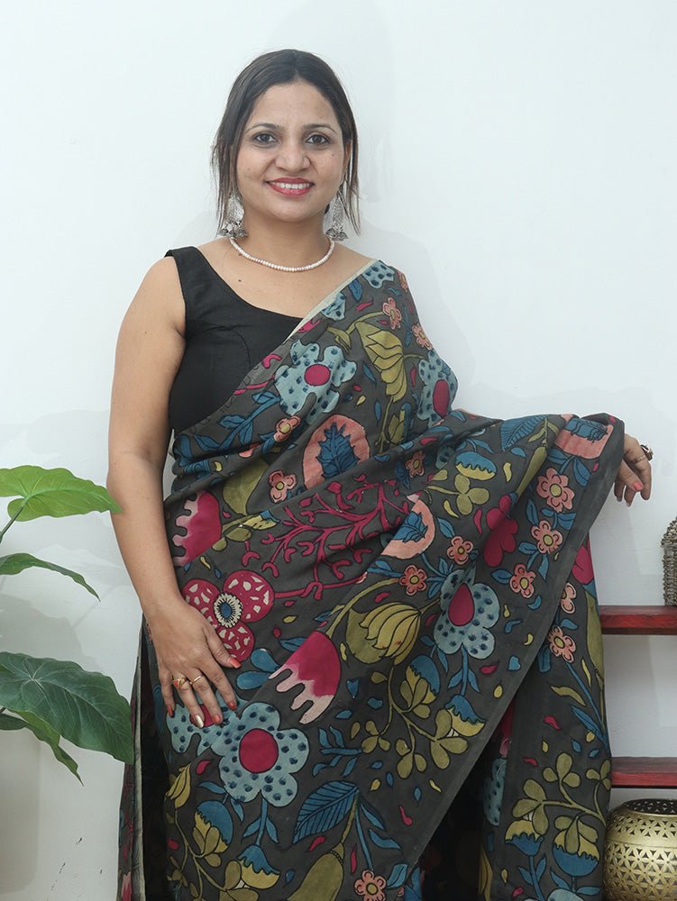 Multicolor Pen Kalamkari Pure Silk Saree - Luxurion World