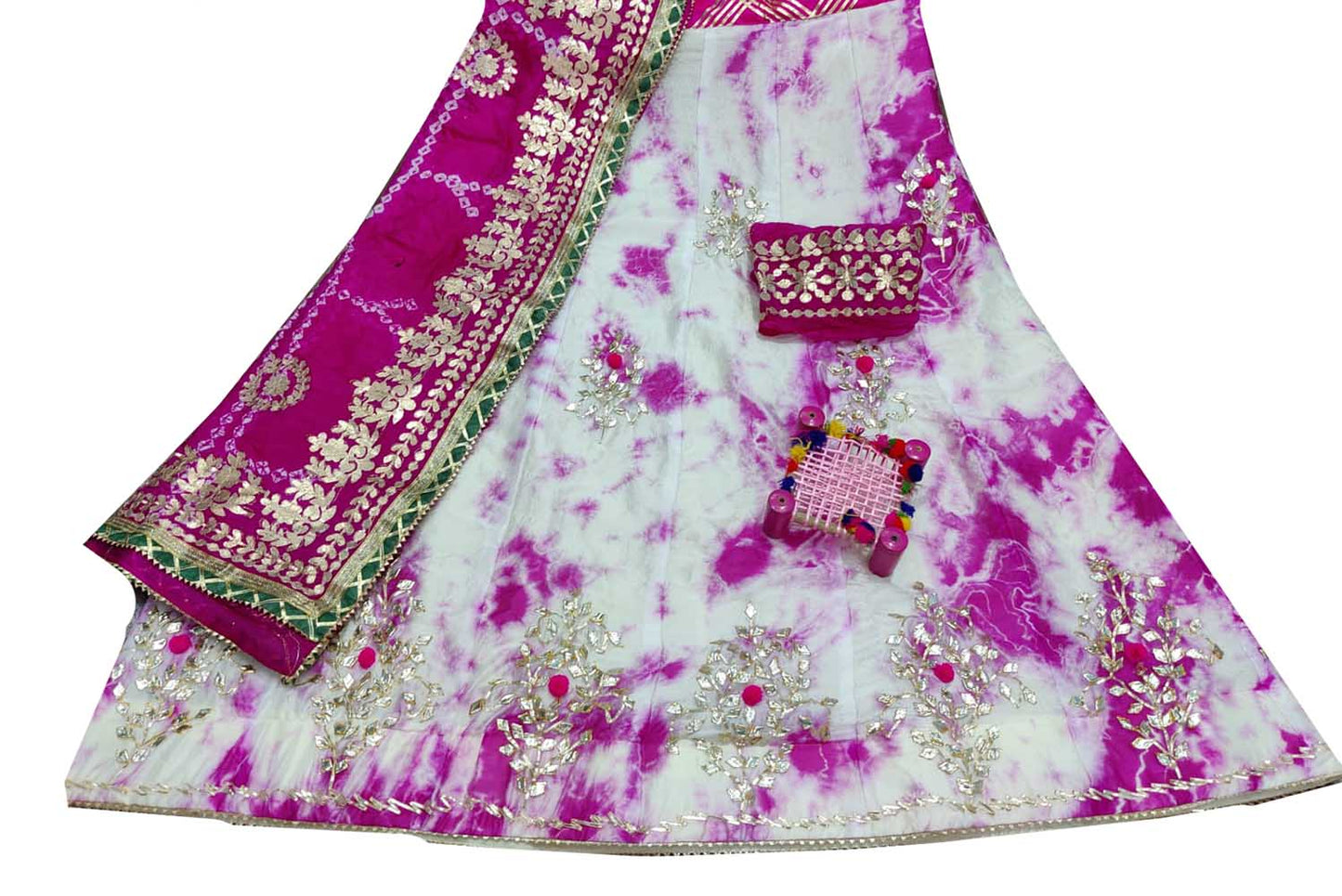 Off White And Pink Hand Gota Patti Work Chinon Lehenga Set - Luxurion World