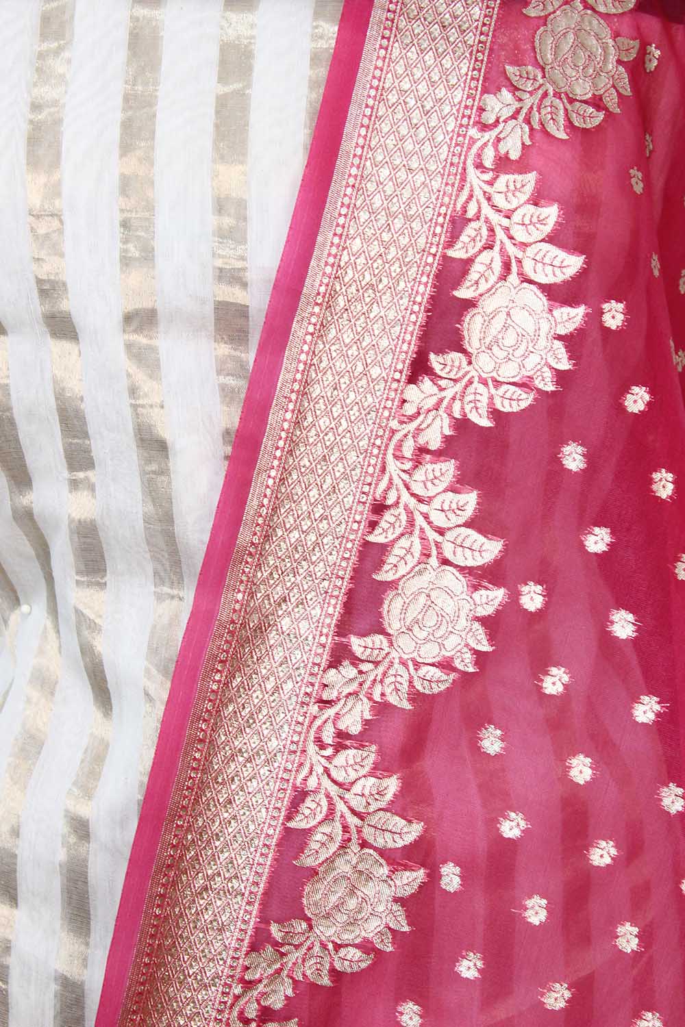 Off White Banarasi Chanderi Silk Suit With Pink Banarasi Organza Dupatta - Luxurion World