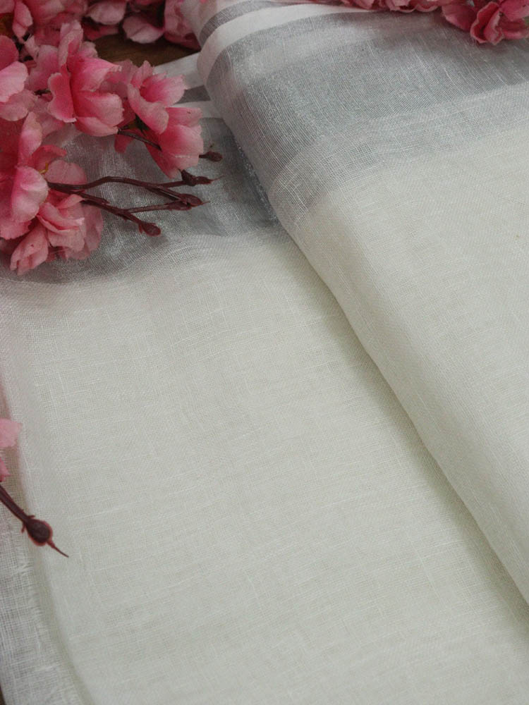 Off White Bhagalpur Linen Plain Fabric With Silver Zari Border ( 1 Mtr ) - Luxurion World