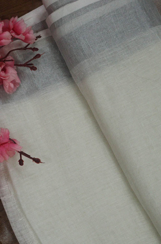 Off White Bhagalpur Linen Plain Fabric With Silver Zari Border ( 1 Mtr ) - Luxurion World