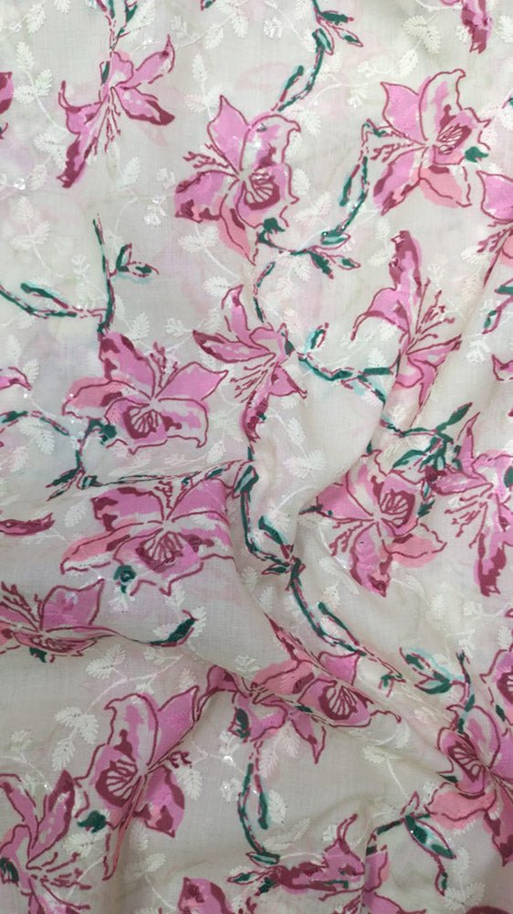 Off White Digital Printed Chikankari Cotton Sequins Work Fabric ( 1 Mtr ) - Luxurion World