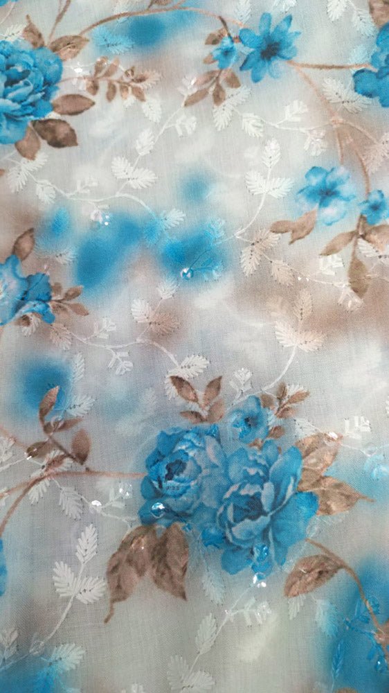 Off White Digital Printed Chikankari Cotton Sequins Work Fabric ( 1 Mtr ) - Luxurion World