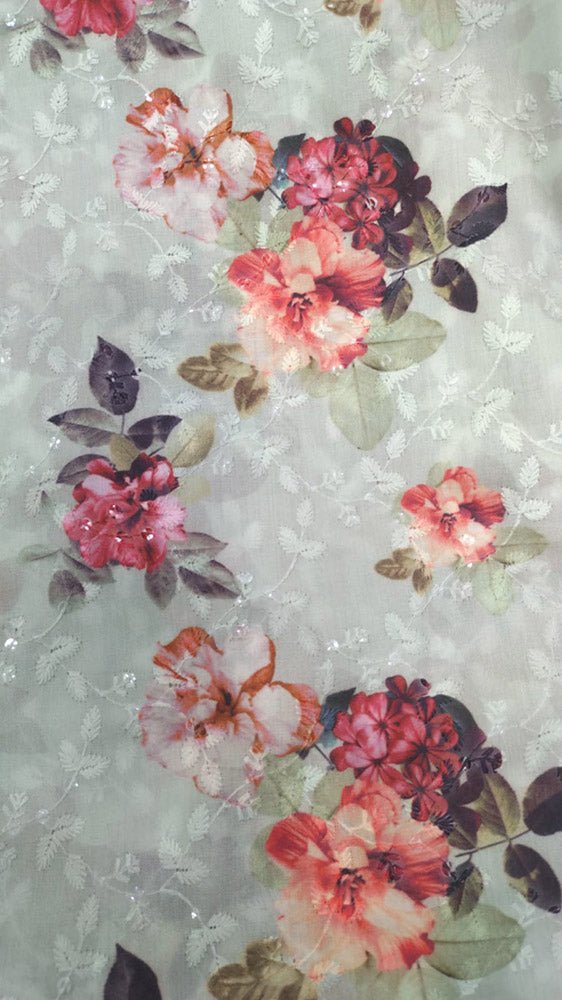 Off White Digital Printed Chikankari Cotton Sequins Work Fabric ( 1 Mtr ) - Luxurion World