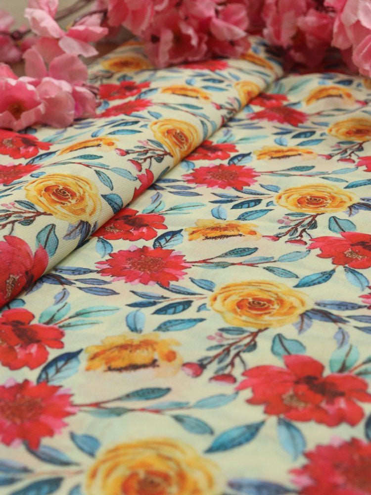 Off White Digital Printed Georgette Floral Design Fabric ( 1 Mtr ) - Luxurion World