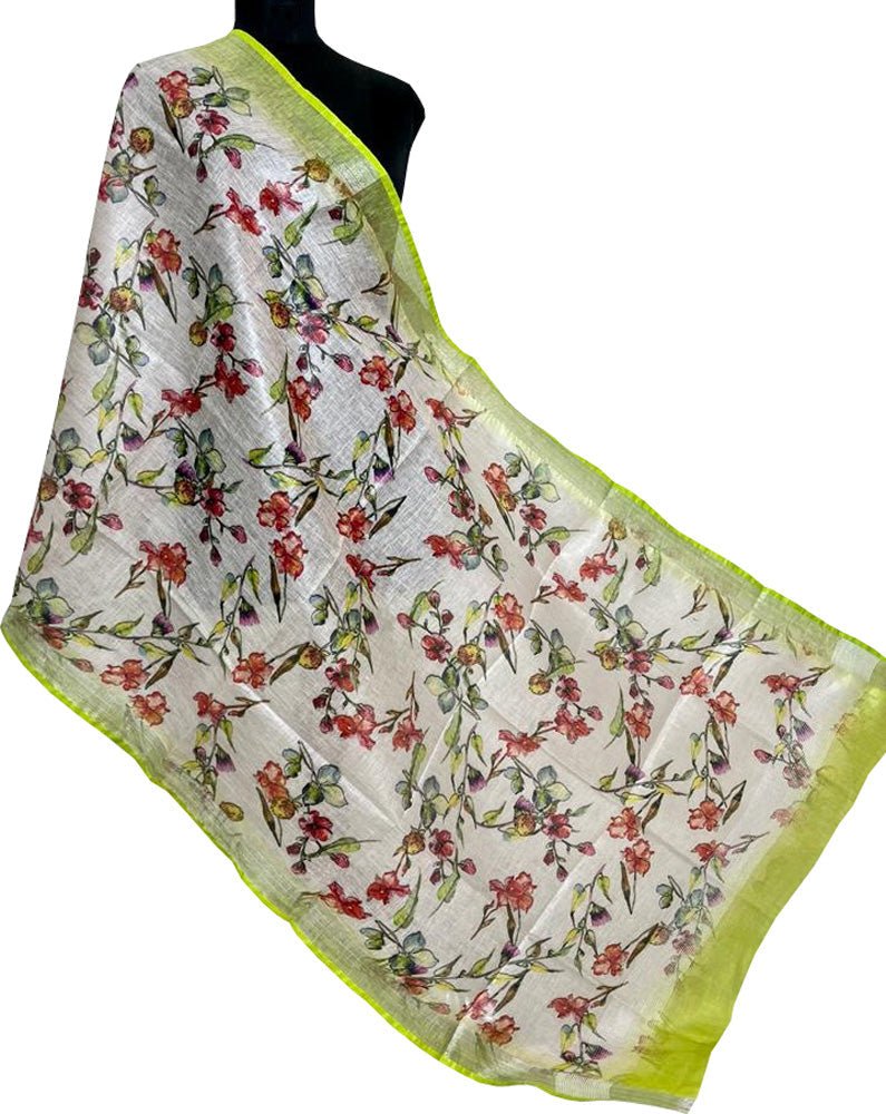 Off White Digital Printed Linen Floral Design Dupatta - Luxurion World