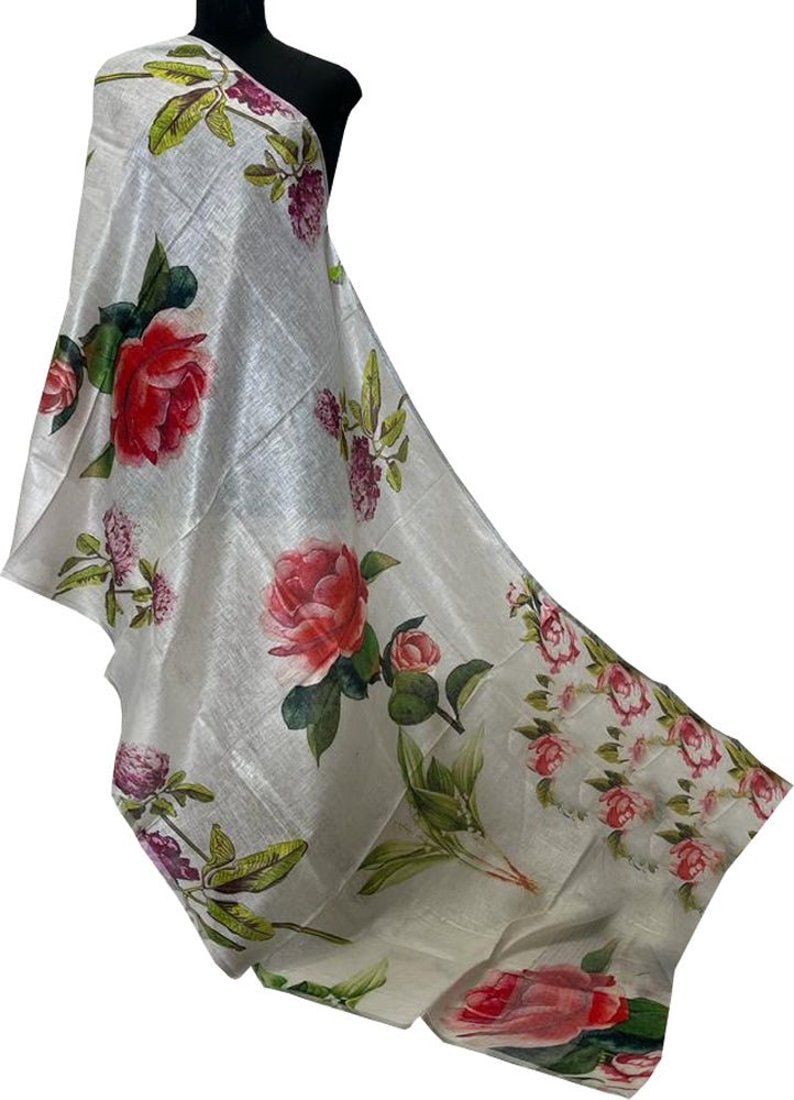 Off White Digital Printed Linen Floral Design Dupatta - Luxurion World