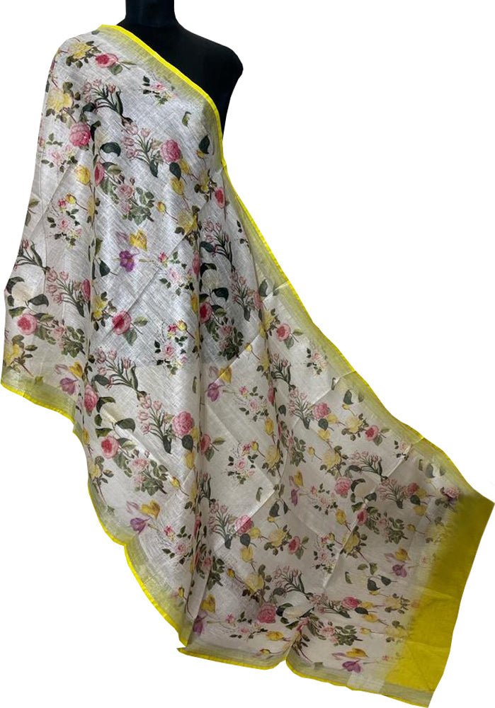 Off White Digital Printed Linen Floral Design Dupatta - Luxurion World