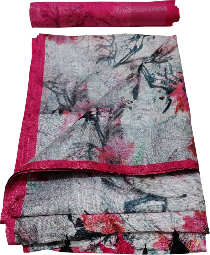 Off White Digital Printed Linen Floral Design Saree - Luxurion World