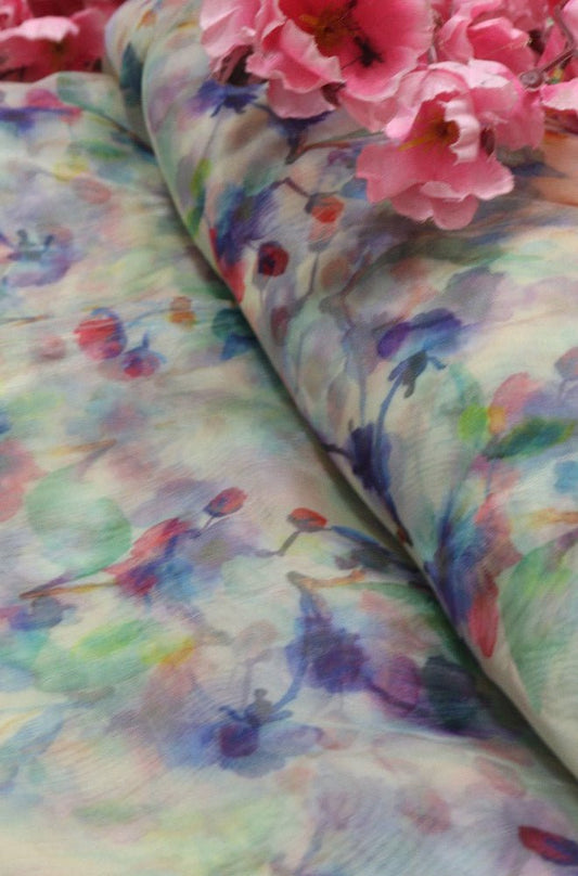 Off White Digital Printed Organza Silk Floral Design Fabric ( 1 Mtr ) - Luxurion World