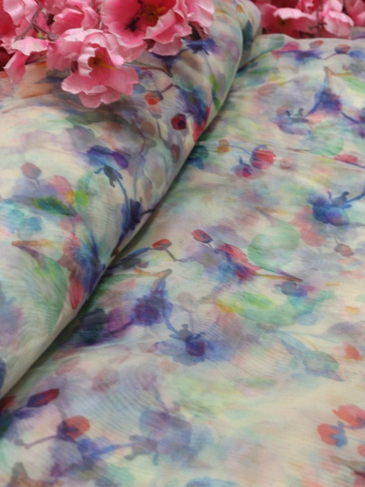 Off White Digital Printed Organza Silk Floral Design Fabric ( 1 Mtr ) - Luxurion World