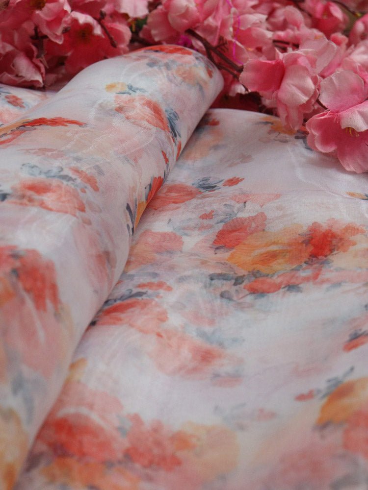 Off White Digital Printed Organza Silk Floral Design Fabric ( 1 Mtr ) - Luxurion World