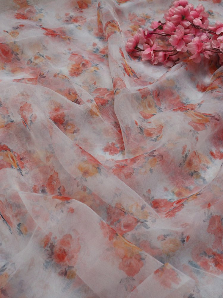 Off White Digital Printed Organza Silk Floral Design Fabric ( 1 Mtr ) - Luxurion World