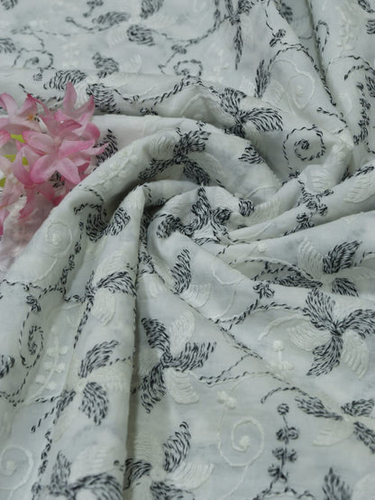 Off White Embroidered Chikankari Cotton Fabric (1 Mtr) - Luxurion World