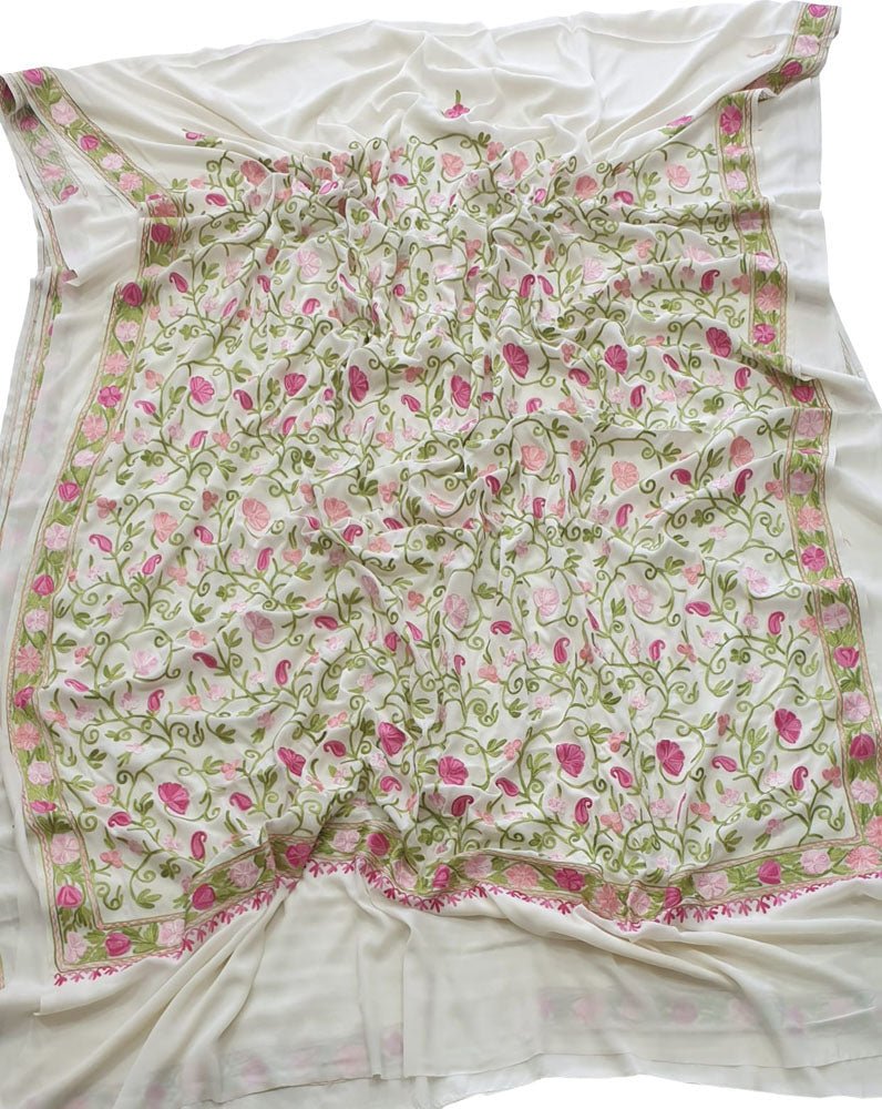 Off White Embroidered Kashmiri Aari Work Crepe Flower Design Saree - Luxurion World