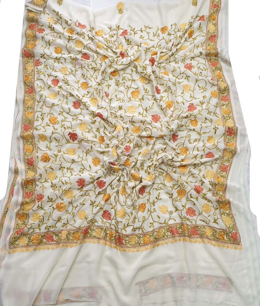 Off White Embroidered Kashmiri Aari Work Georgette Floral Design Saree - Luxurion World