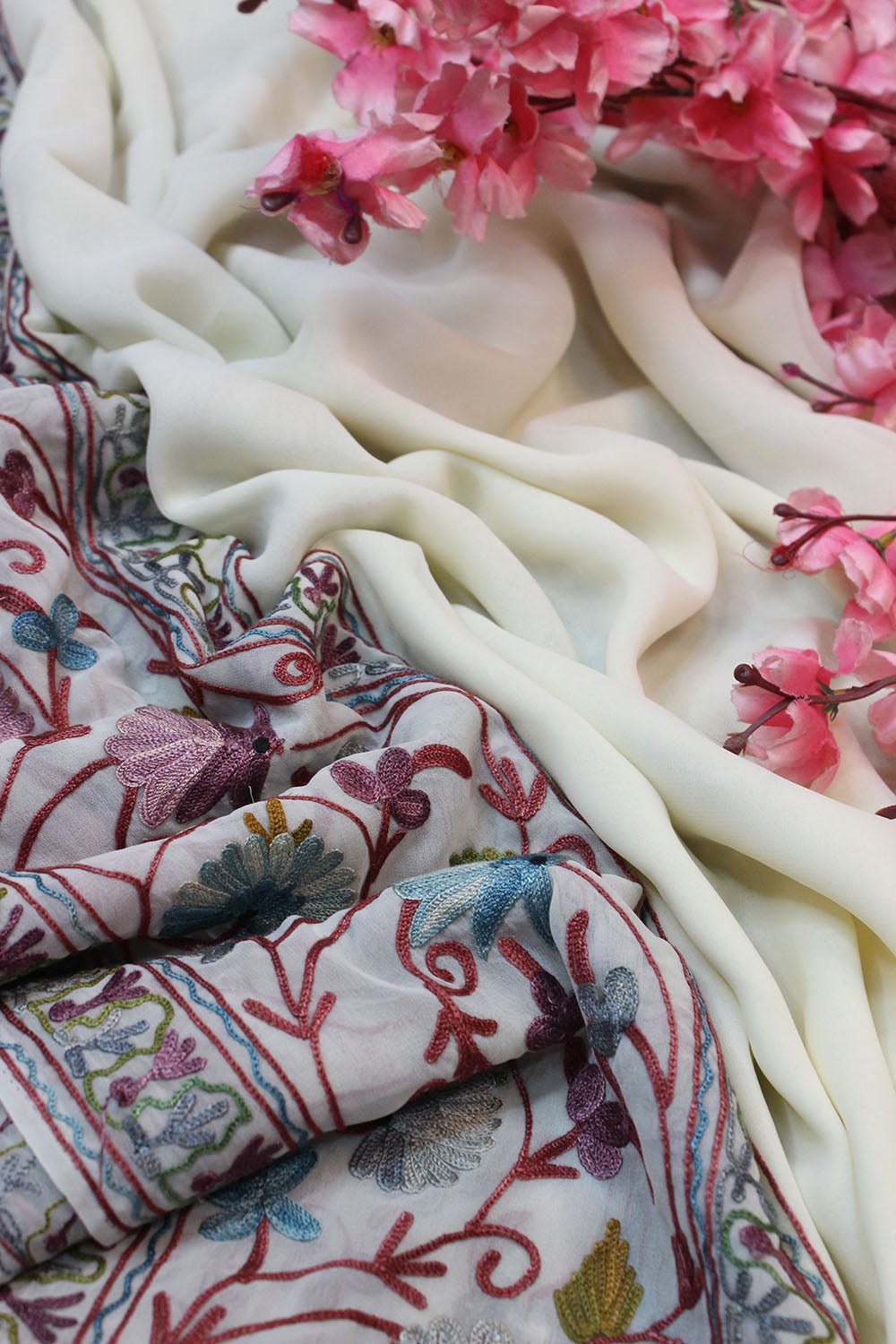 Off White Embroidered Kashmiri Aari Work Georgette Saree - Luxurion World