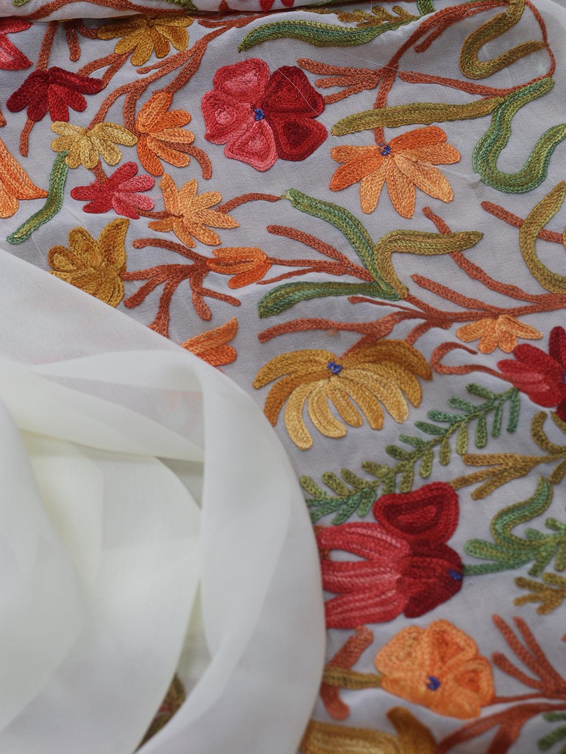 Off White Embroidered Kashmiri Aari Work Georgette Saree - Luxurion World