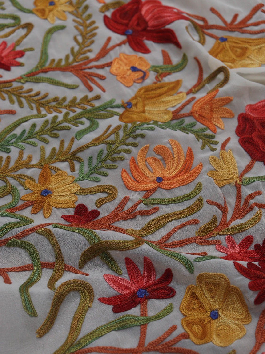 Off White Embroidered Kashmiri Aari Work Georgette Saree - Luxurion World