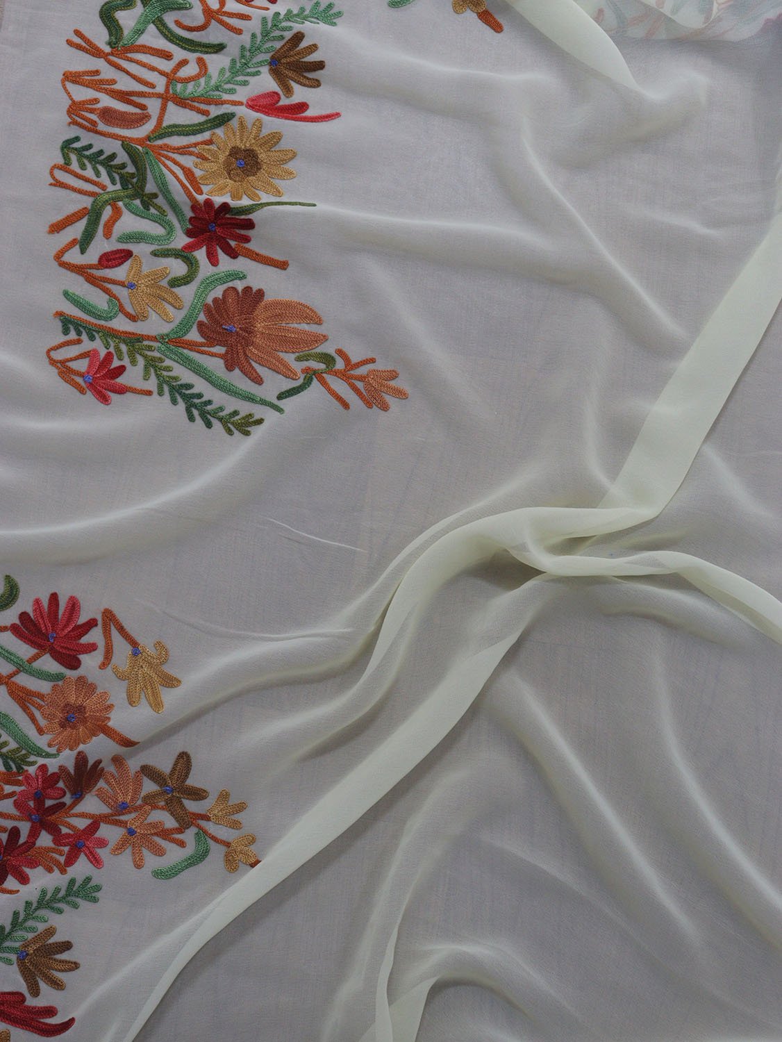 Off White Embroidered Kashmiri Aari Work Georgette Saree - Luxurion World