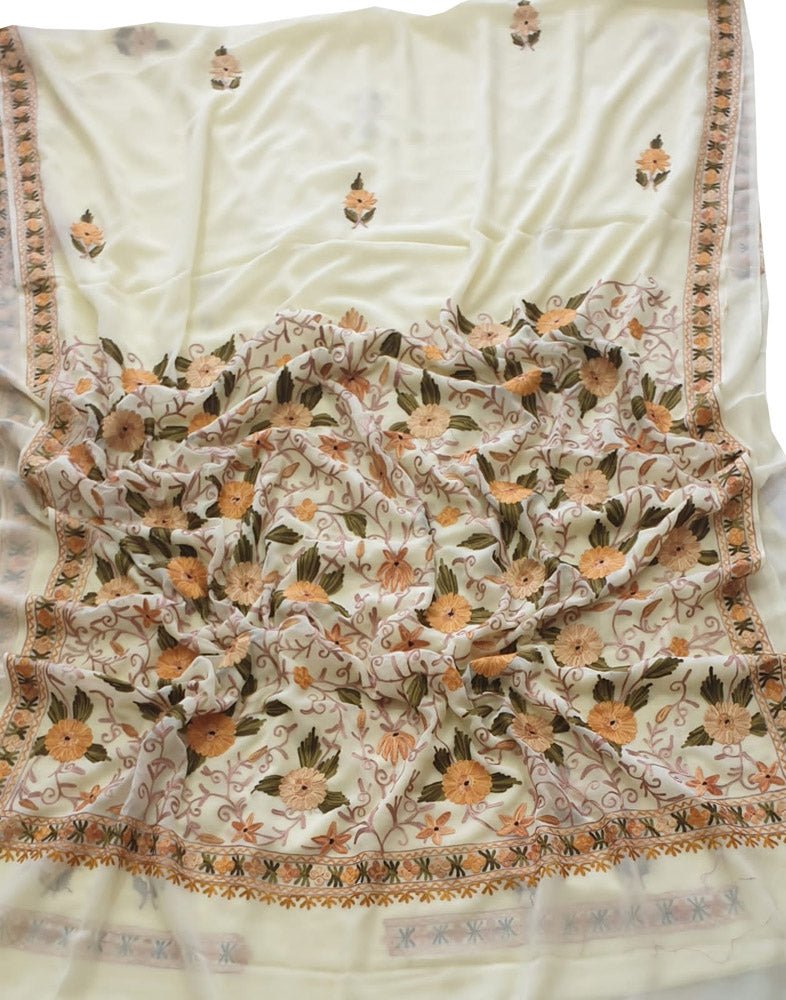 Off White Embroidered Kashmiri Aari Work Georgette Saree - Luxurion World