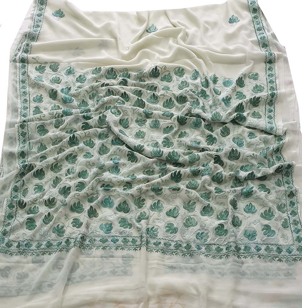 Off White Embroidered Kashmiri Aari Work Georgette Saree - Luxurion World