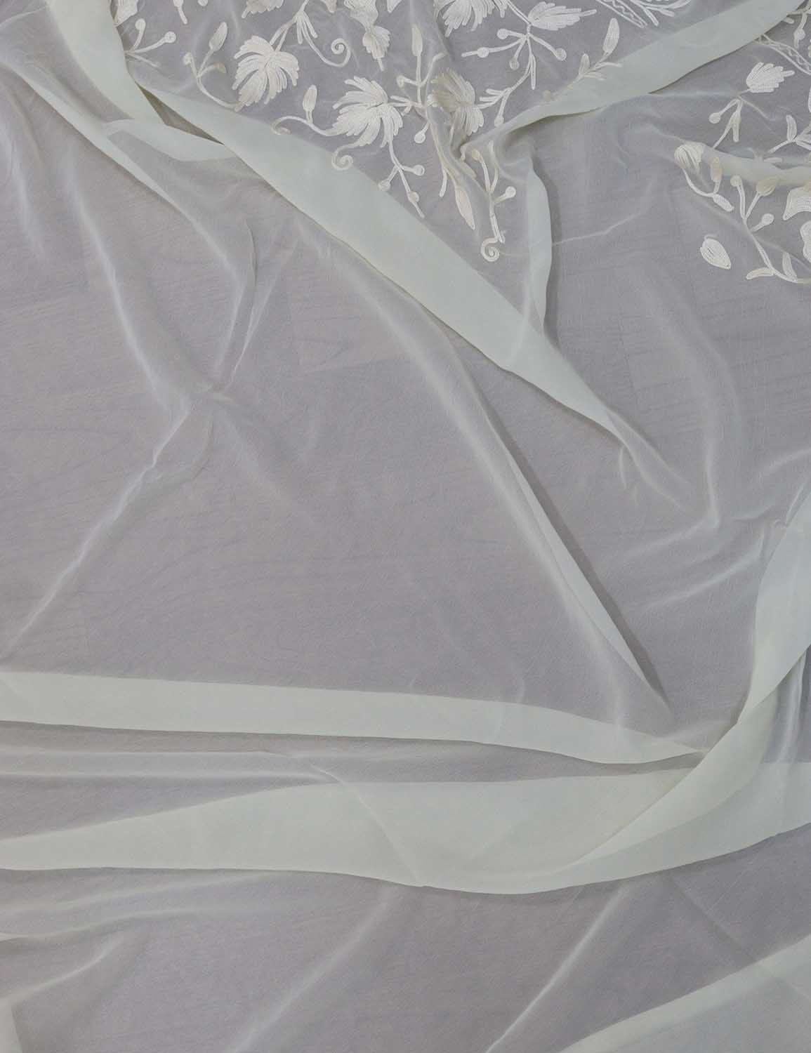 Off White Embroidered Kashmiri Aari Work Georgette Saree - Luxurion World