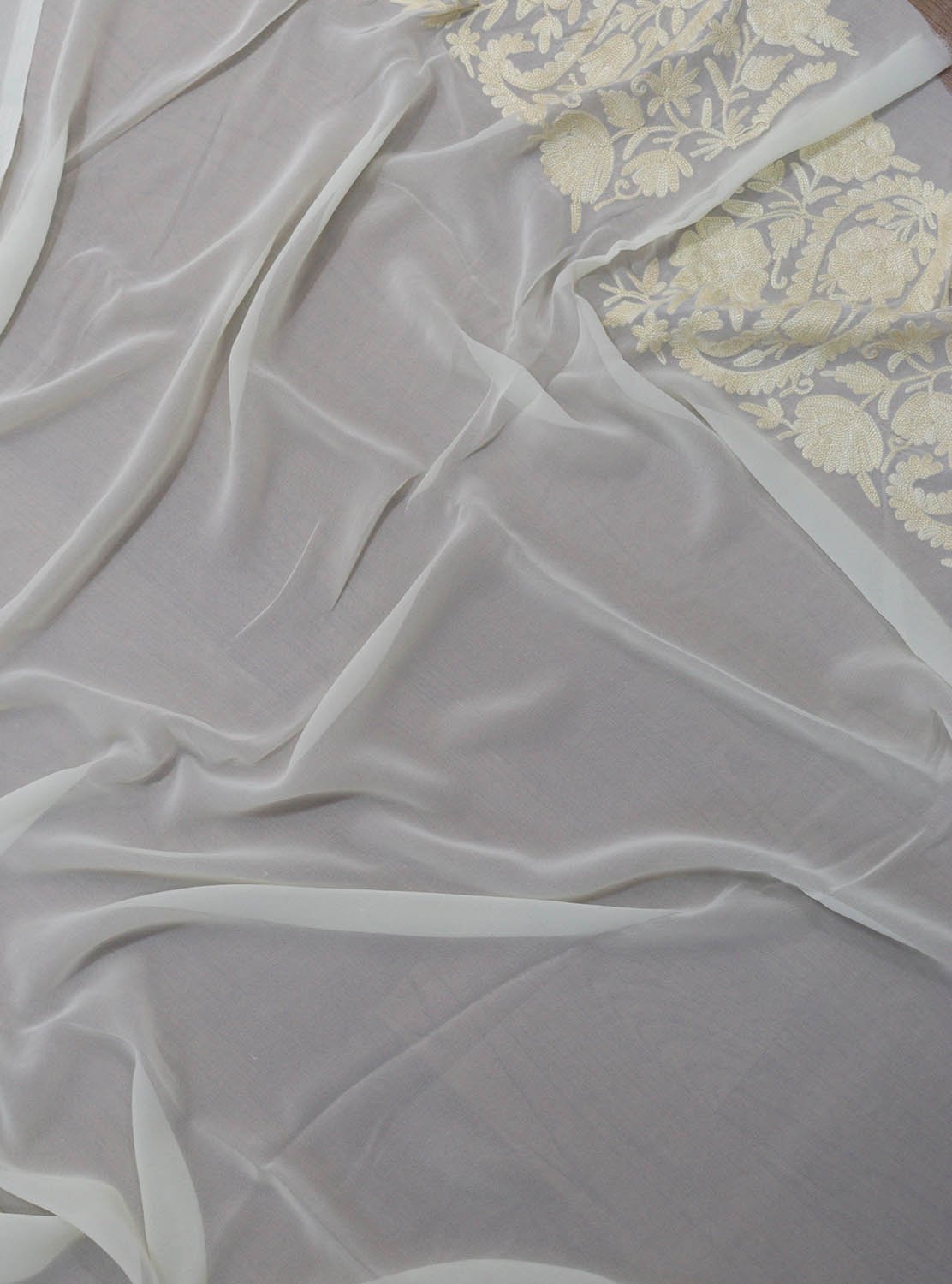 Off White Embroidered Kashmiri Aari Work Georgette Saree - Luxurion World