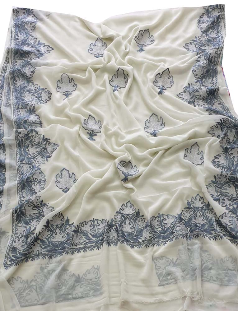 Off White Embroidered Kashmiri Aari Work Georgette Saree - Luxurion World