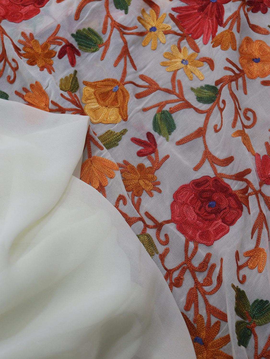 Off White Embroidered Kashmiri Aari Work Georgette Saree - Luxurion World