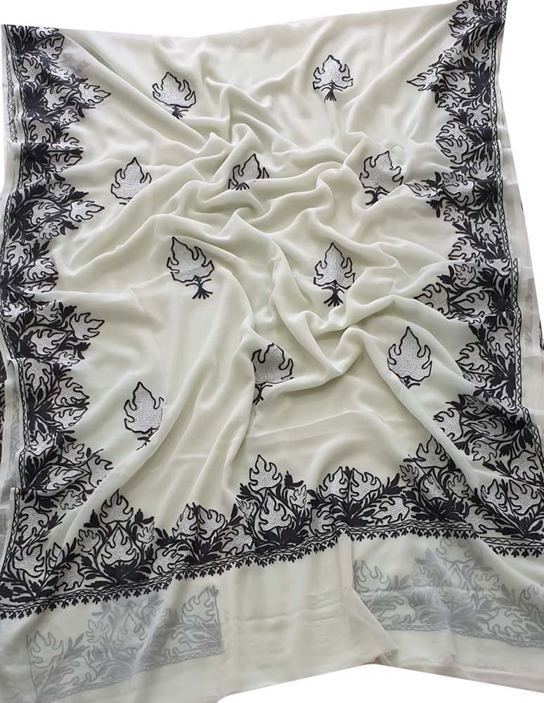 Off White Embroidered Kashmiri Aari Work Georgette Saree - Luxurion World