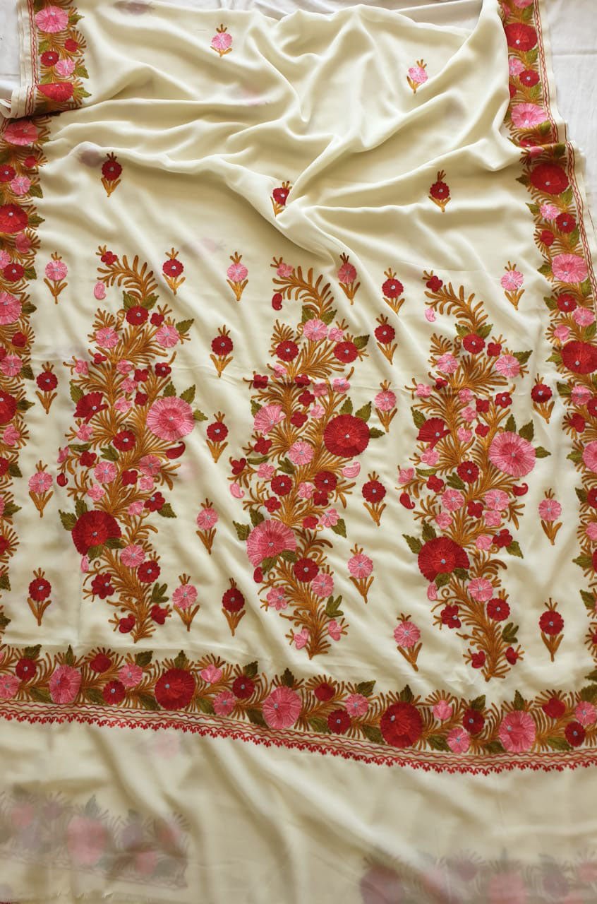Off White Embroidered Kashmiri Aari Work Georgette Saree - Luxurion World