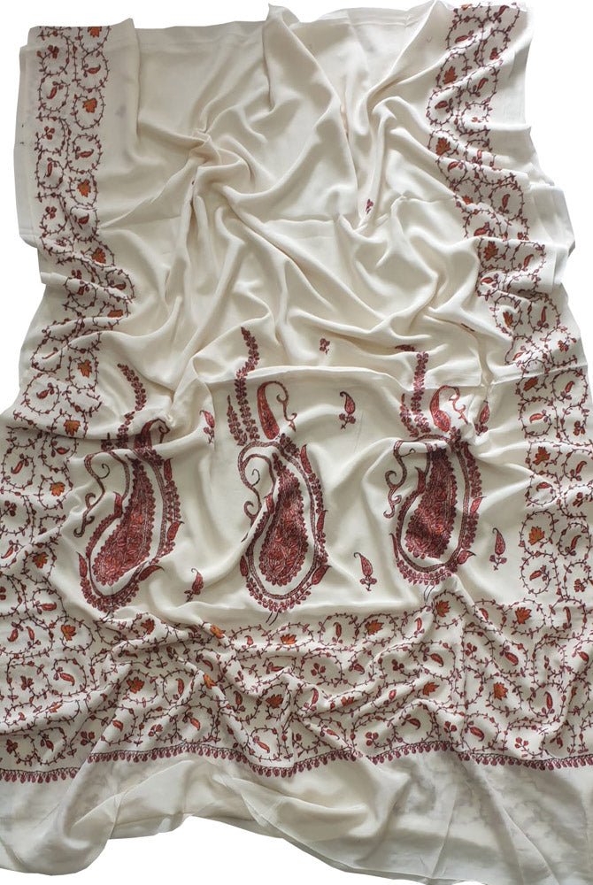 Off White Embroidered Kashmiri Sozni Work Crepe Flower Design Saree - Luxurion World