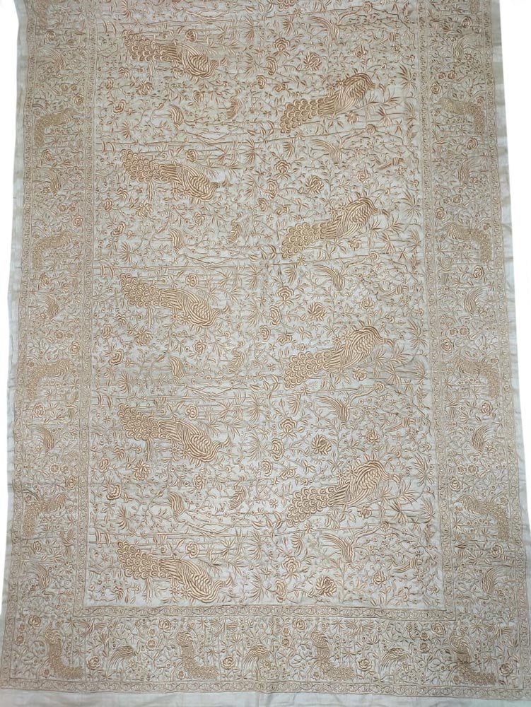 Off White Embroidered Parsi Gara Tussar Silk Floral And Bird Design Saree - Luxurion World