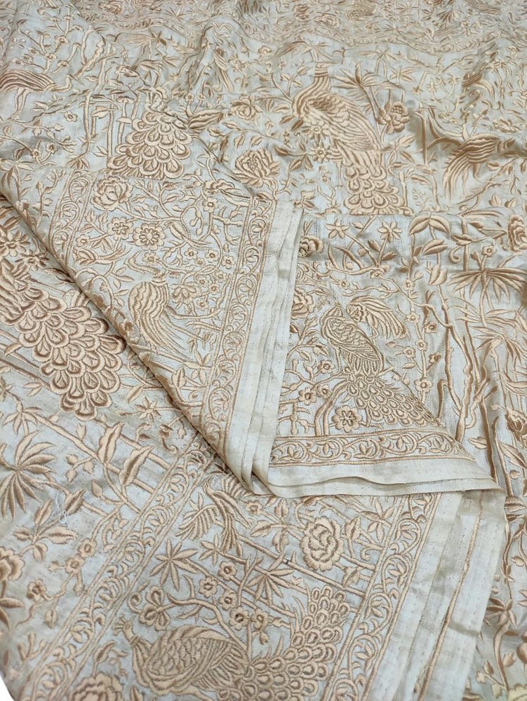 Off White Embroidered Parsi Gara Tussar Silk Floral And Bird Design Saree - Luxurion World