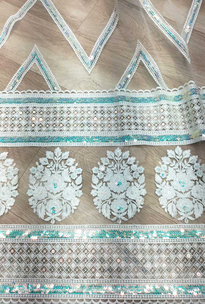 Off White Embroidered Trendy Net Sequins Work Fabric ( 1 Mtr ) - Luxurion World