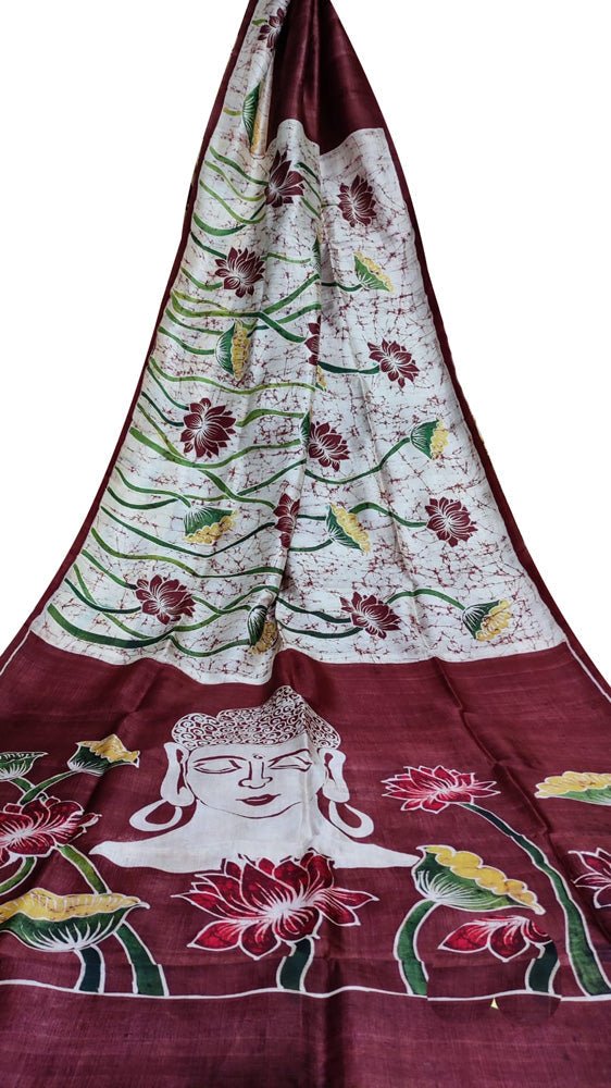 Off White Hand Batik Silk Saree - Luxurion World